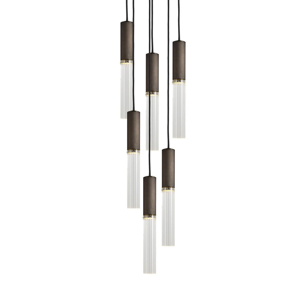 Reeded bronze and clear reeded glass Flume 50 six drop pendant light by J Adams &amp; co.