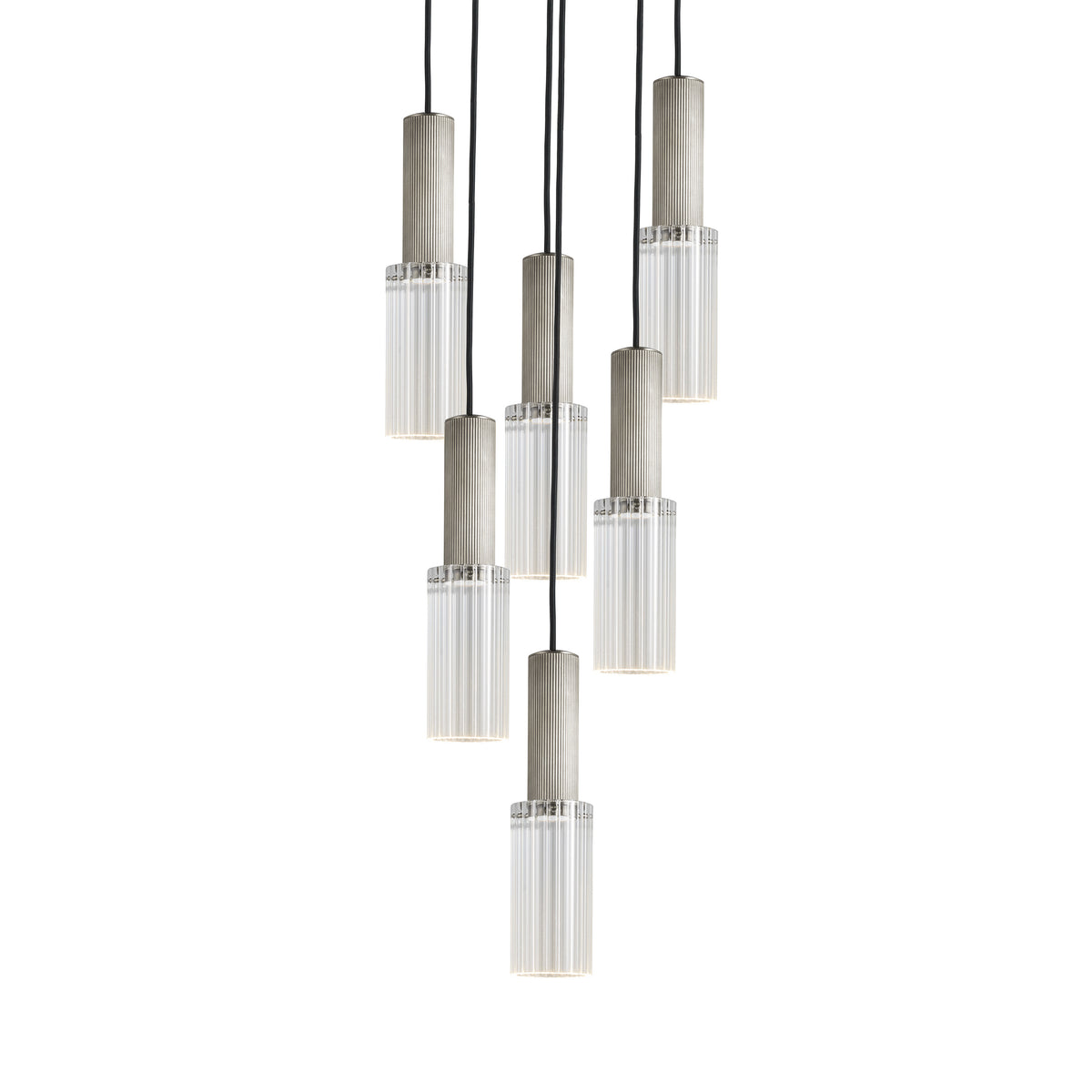 Six drop grouping of the Flume 80 Pendant Light in satin nickel with clear reeded glass