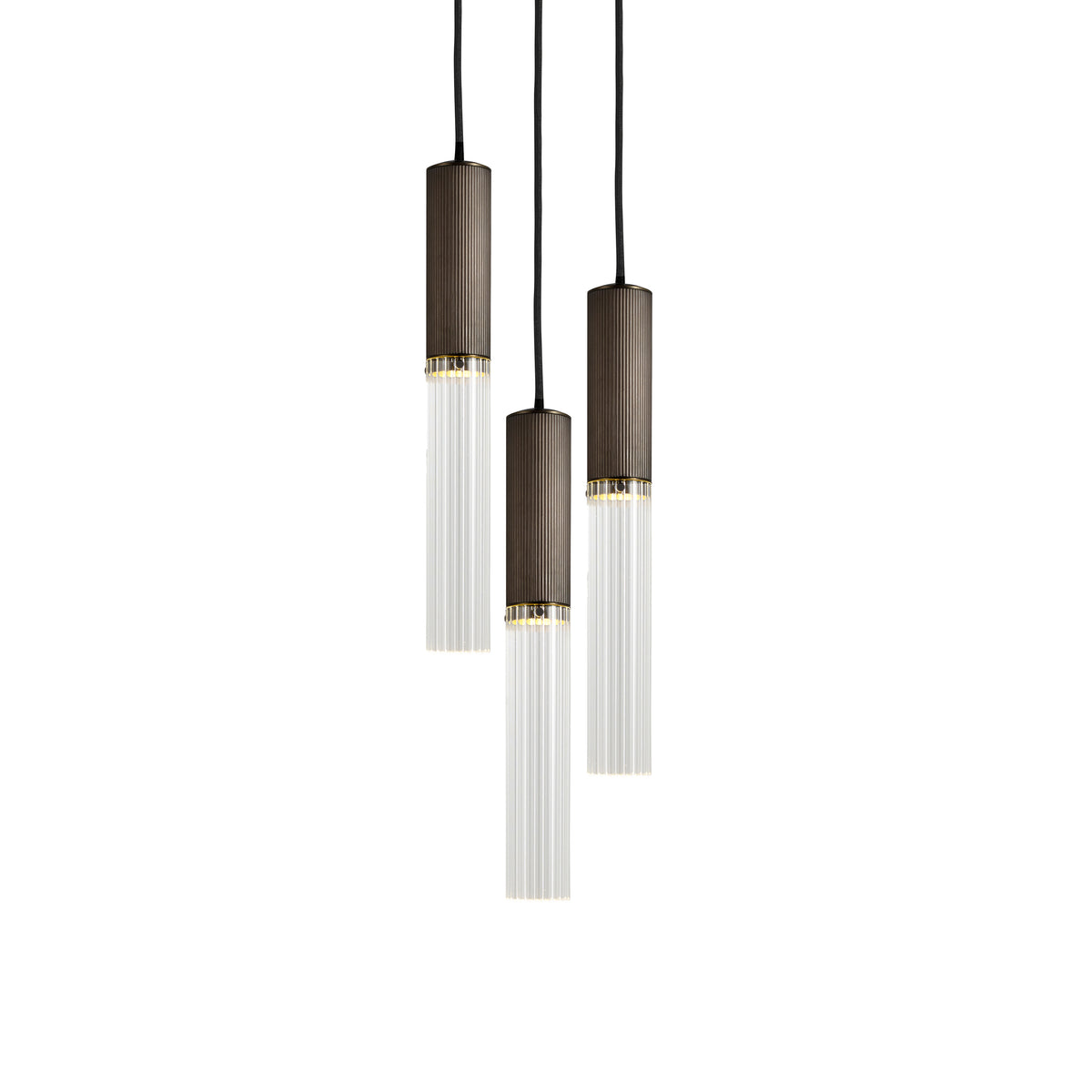 Reeded bronze and clear reeded glass Flume 50 triple pendant light by J Adams &amp; co.
