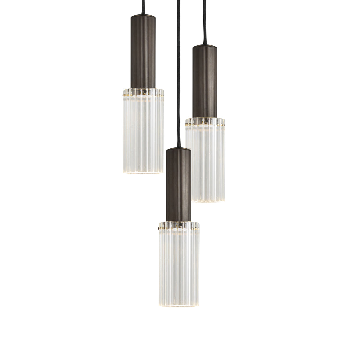 Triple grouping of the Flume 80 Pendant Light in bronze with clear reeded glass