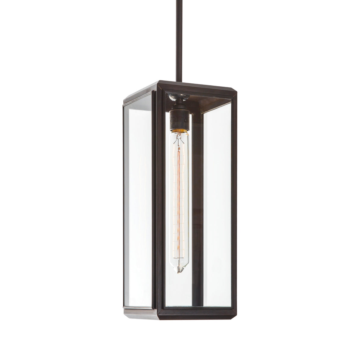 Lilac Tall Lantern Pendant Light with drop rod in bronze with clear glass