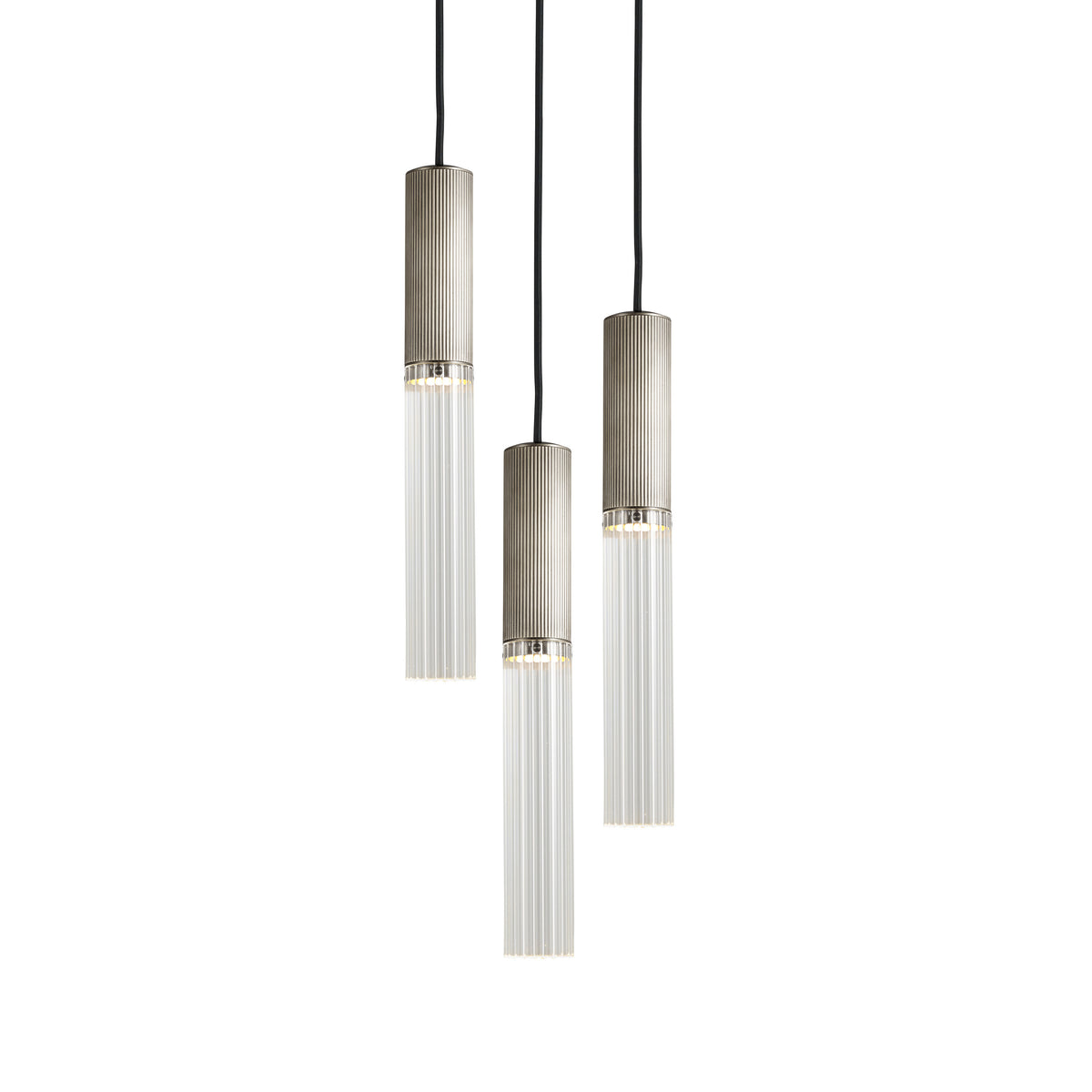 Satin nickel and clear reeded glass Flume 50 triple pendant light by J Adams &amp; co.