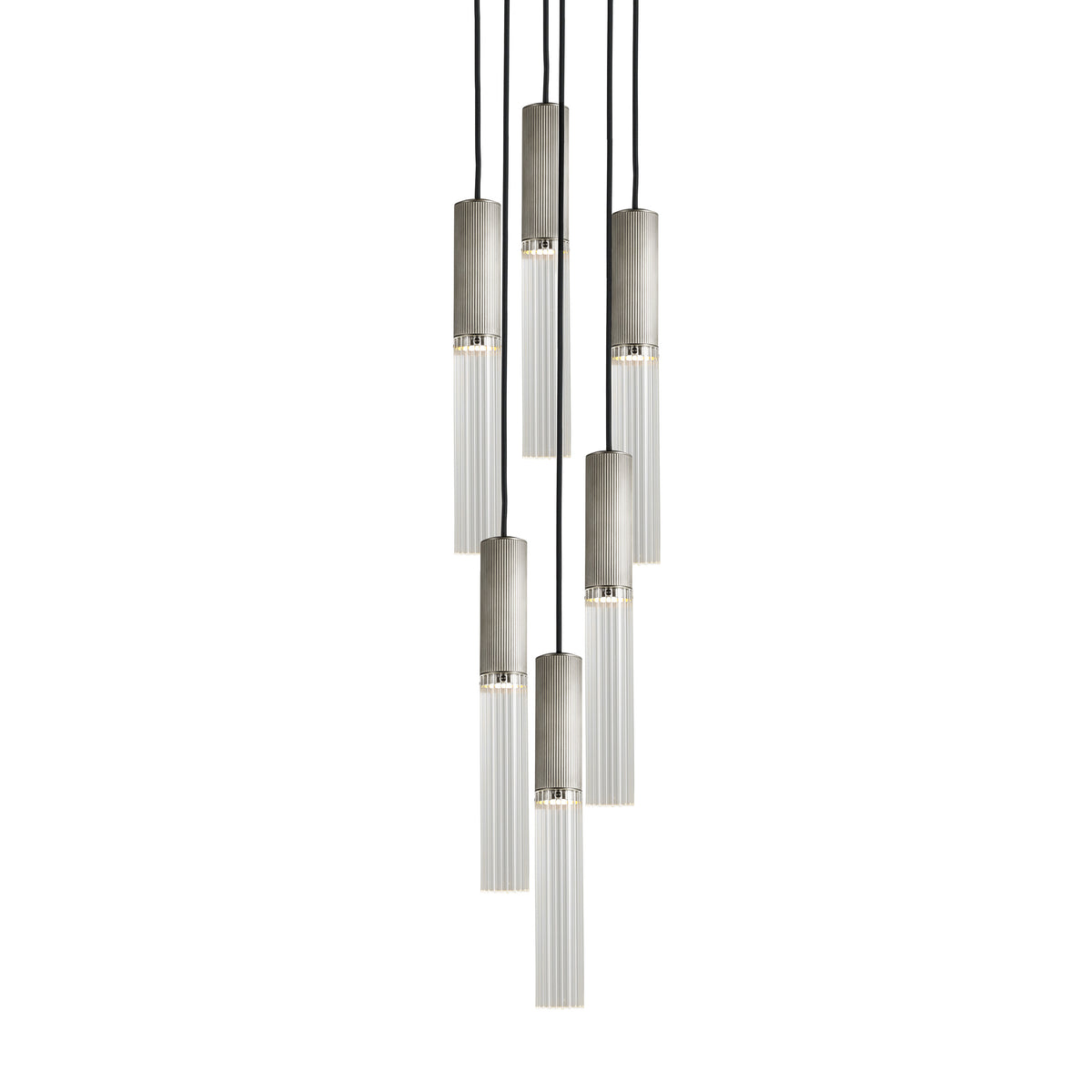 Reeded satin nickel and clear reeded glass Flume 50 six drop pendant light by J Adams &amp; co.