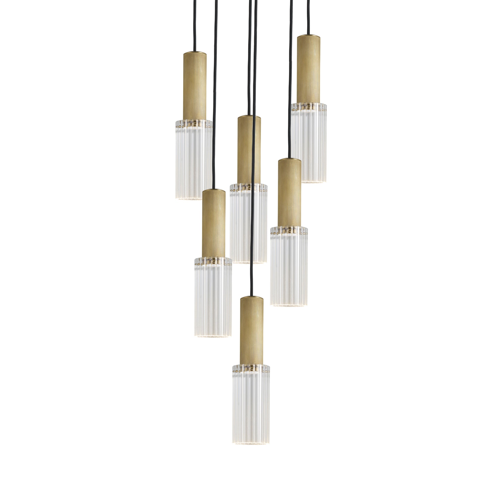 Six drop grouping of the Flume 80 Pendant Light in antique brass with clear reeded glass