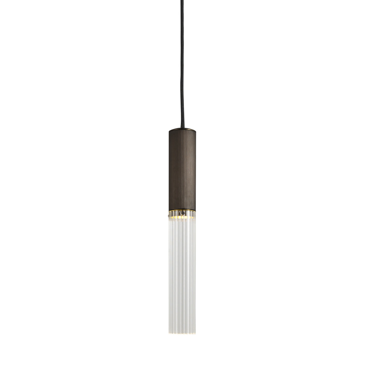 Reeded bronze and clear reeded glass single hanging Flume Pendant Light by J Adams and Co.