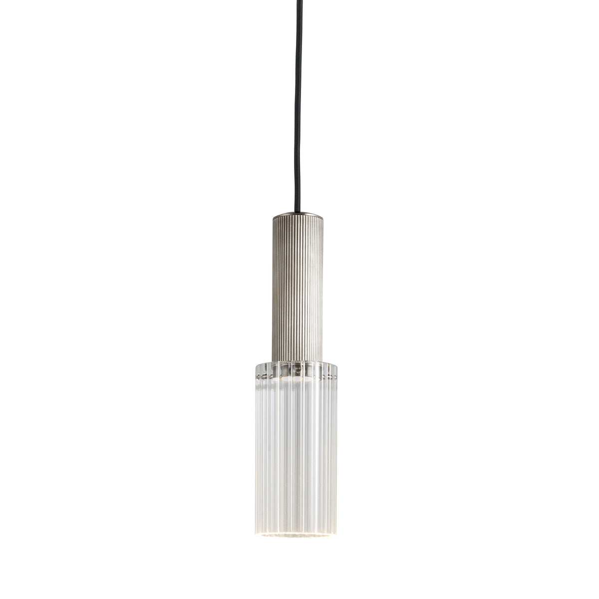 Single Flume 80 Pendant Light in satin nickel with clear reeded glass by J Adams &amp; co.