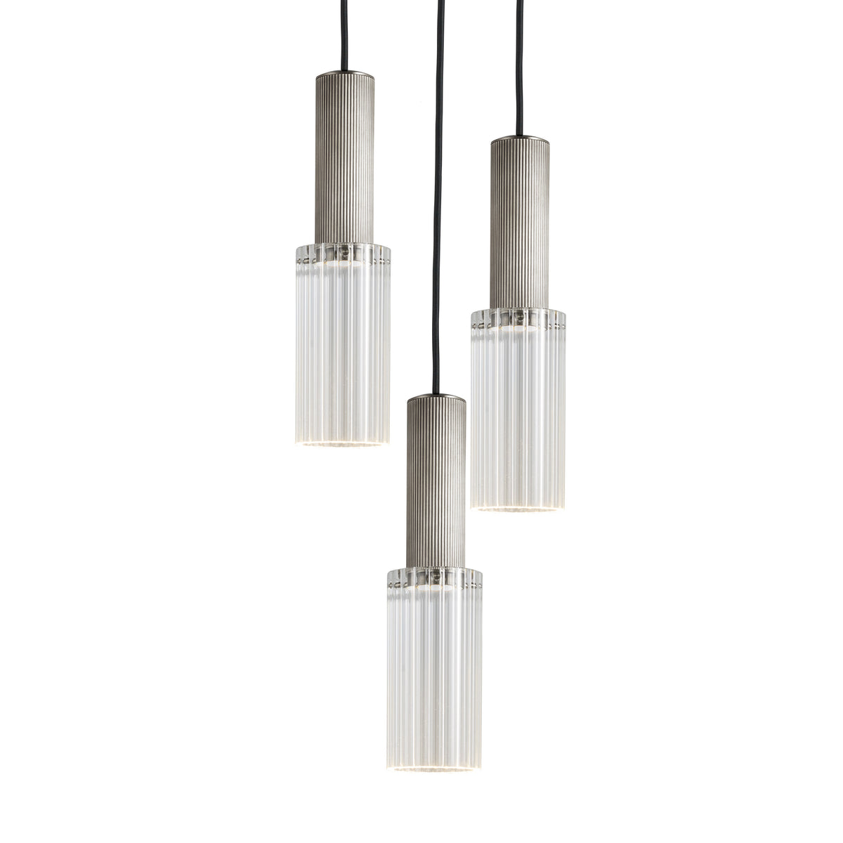 Triple grouping of the Flume 80 Pendant Light in satin nickel with clear reeded glass