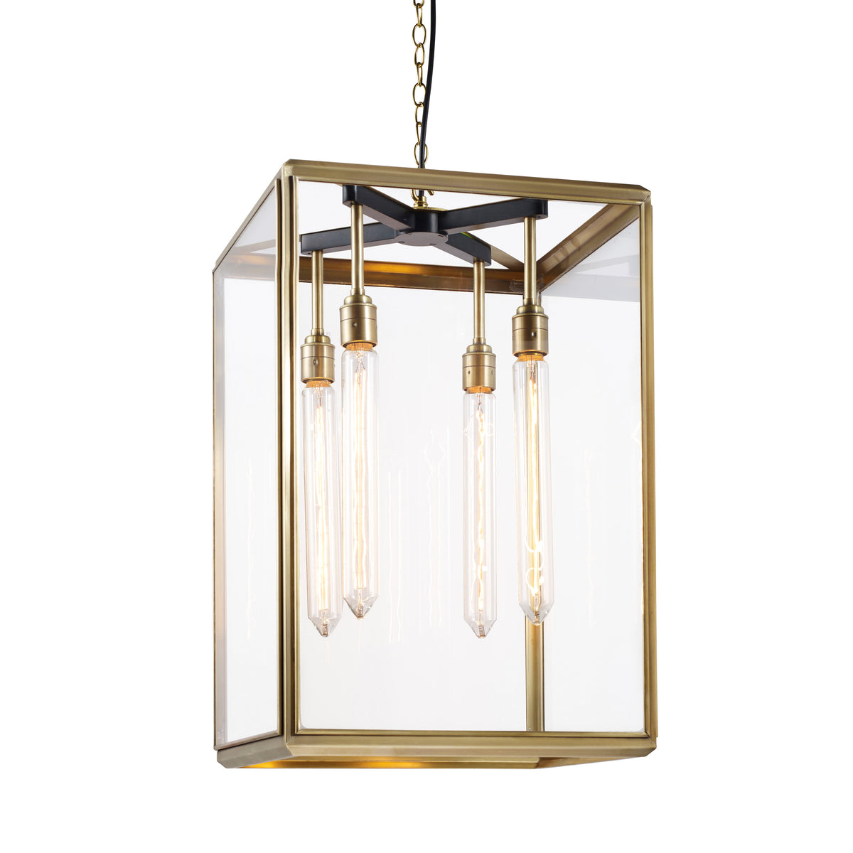 J Adams Hazel Lantern Pendant large box light in brass with clear glass