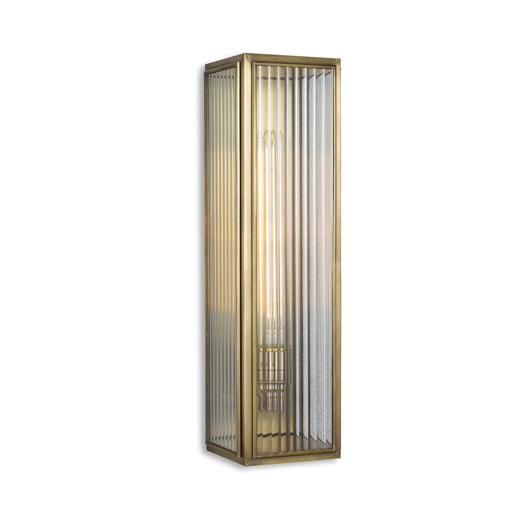 J Adams Ash box wall lantern light in antique brass with reeded glass