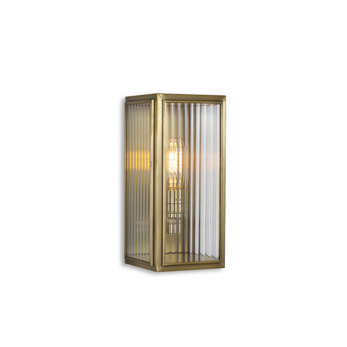 J Adams Ash Small Wall Lantern box light in antique brass with reeded glass