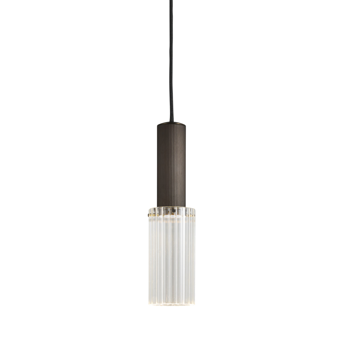 Single Flume 80 Pendant Light in bronze with clear reeded glass by J Adams &amp; co.