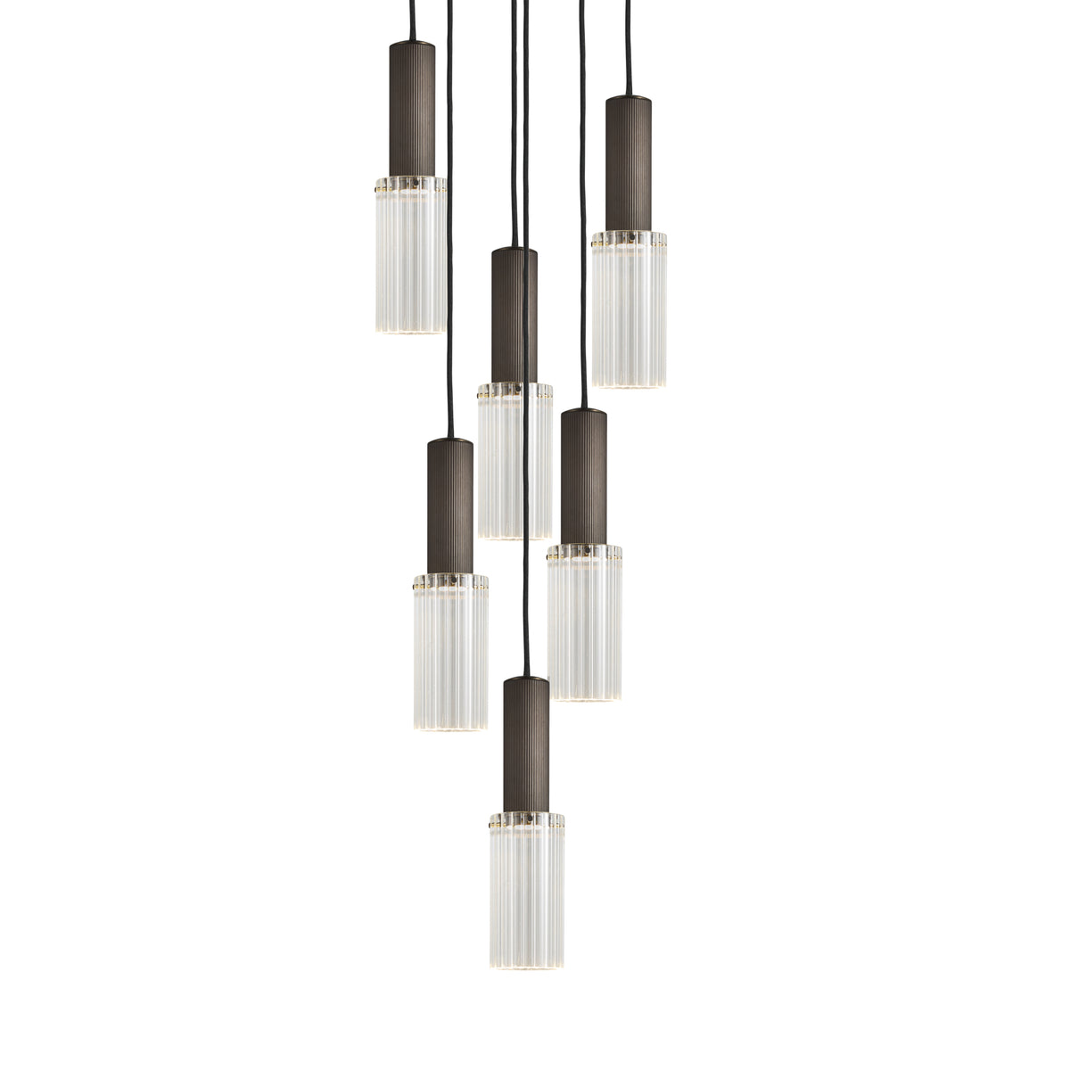 Six drop grouping of the Flume 80 Pendant Light in bronze with clear reeded glass