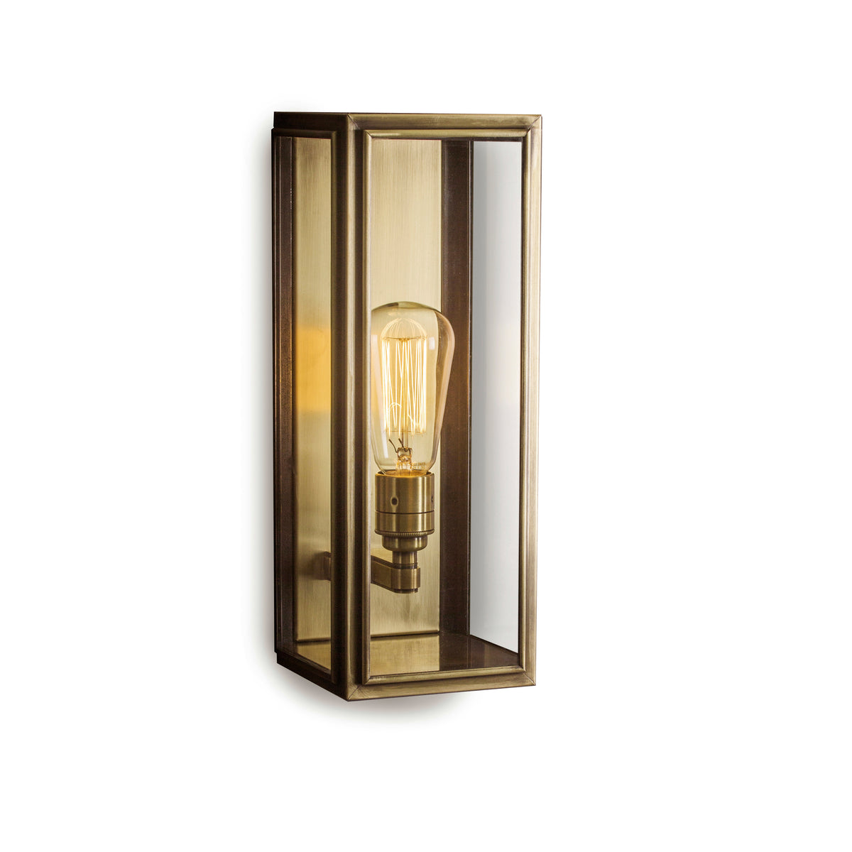 J Adams Ash Medium Wall Lantern box light in antique brass with clear glass