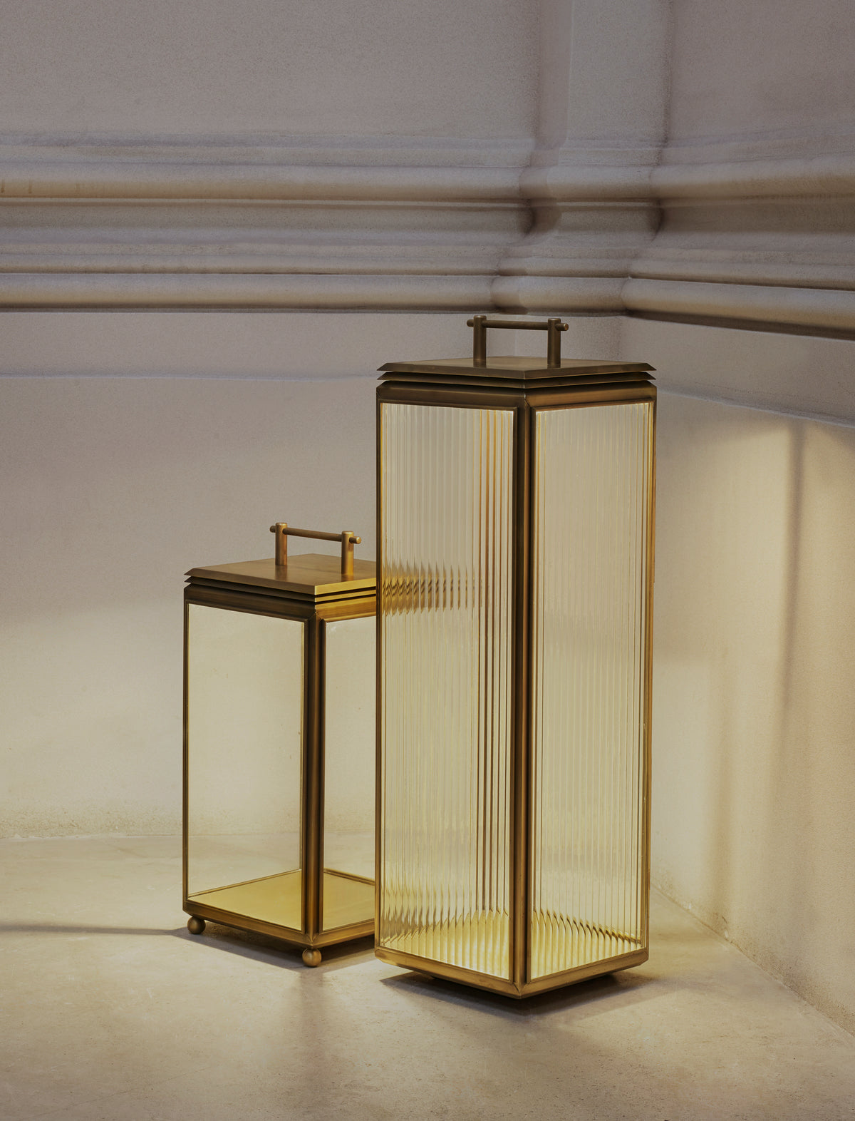 J Adams Hazel Floor Lantern Light in antique brass with clear glass