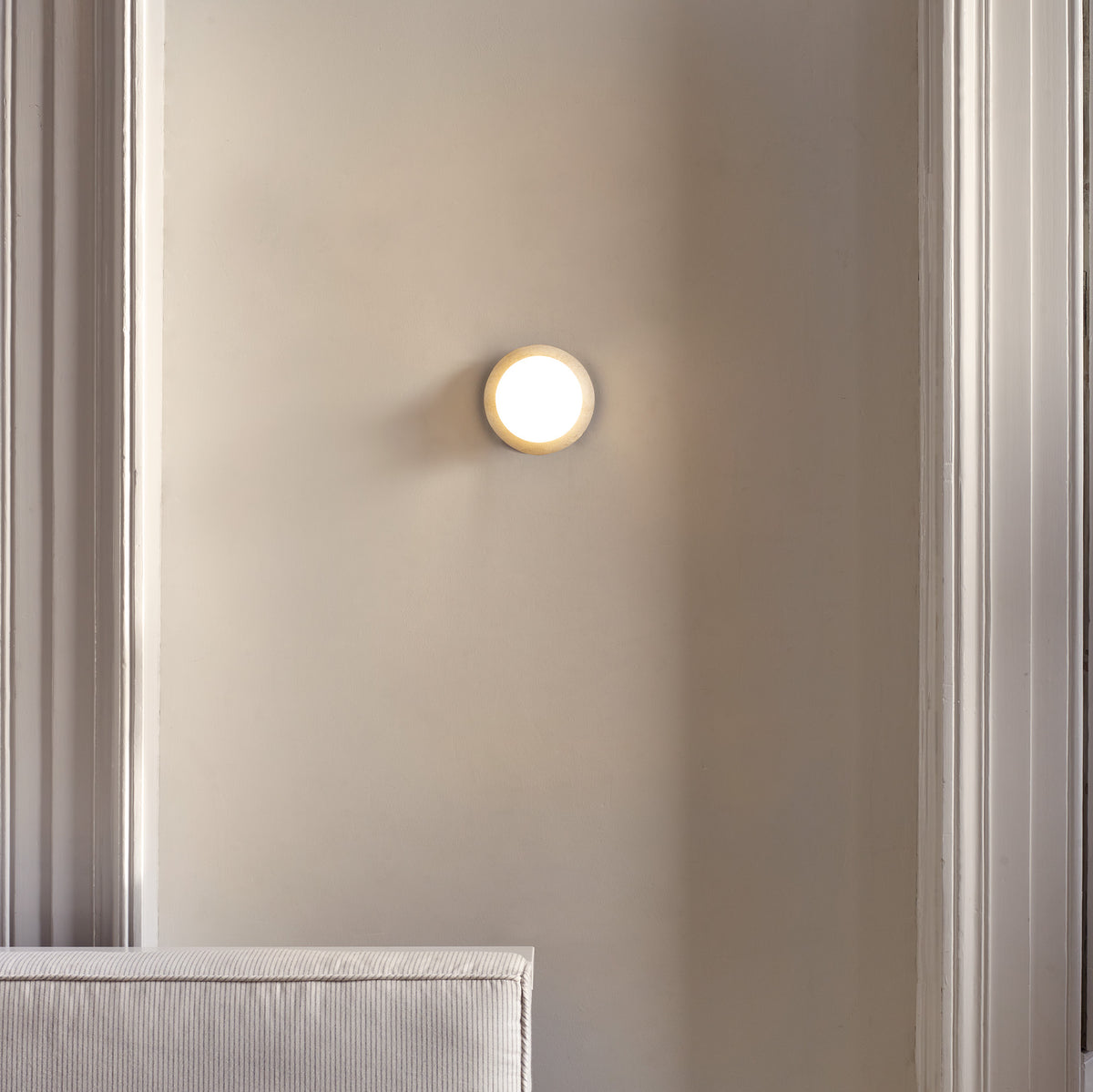 J Adams Orbit Wall Light, Travertine with White Opal Shade